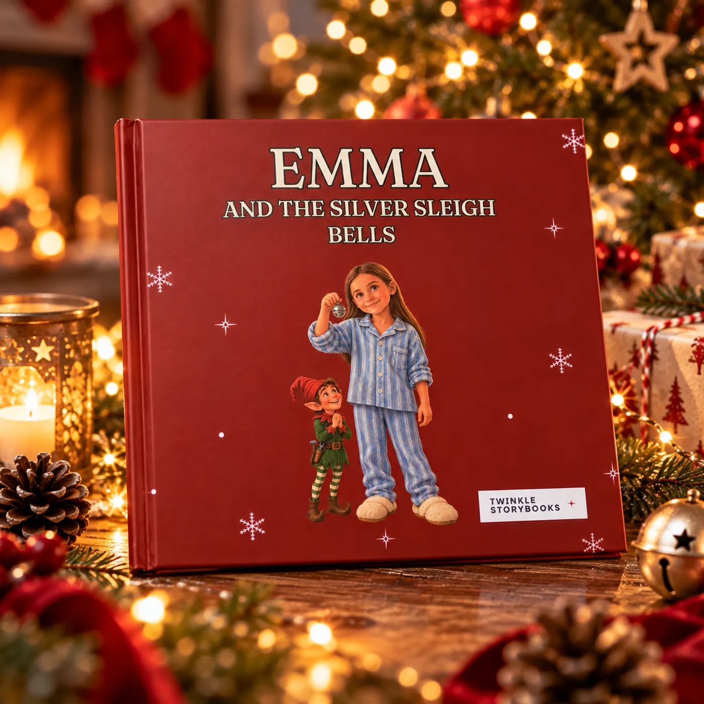 Personalised Christmas storybook from Twinkle Storybooks: the hardback cover of Emma and the Silver Sleigh Bells beside a lit Christmas tree