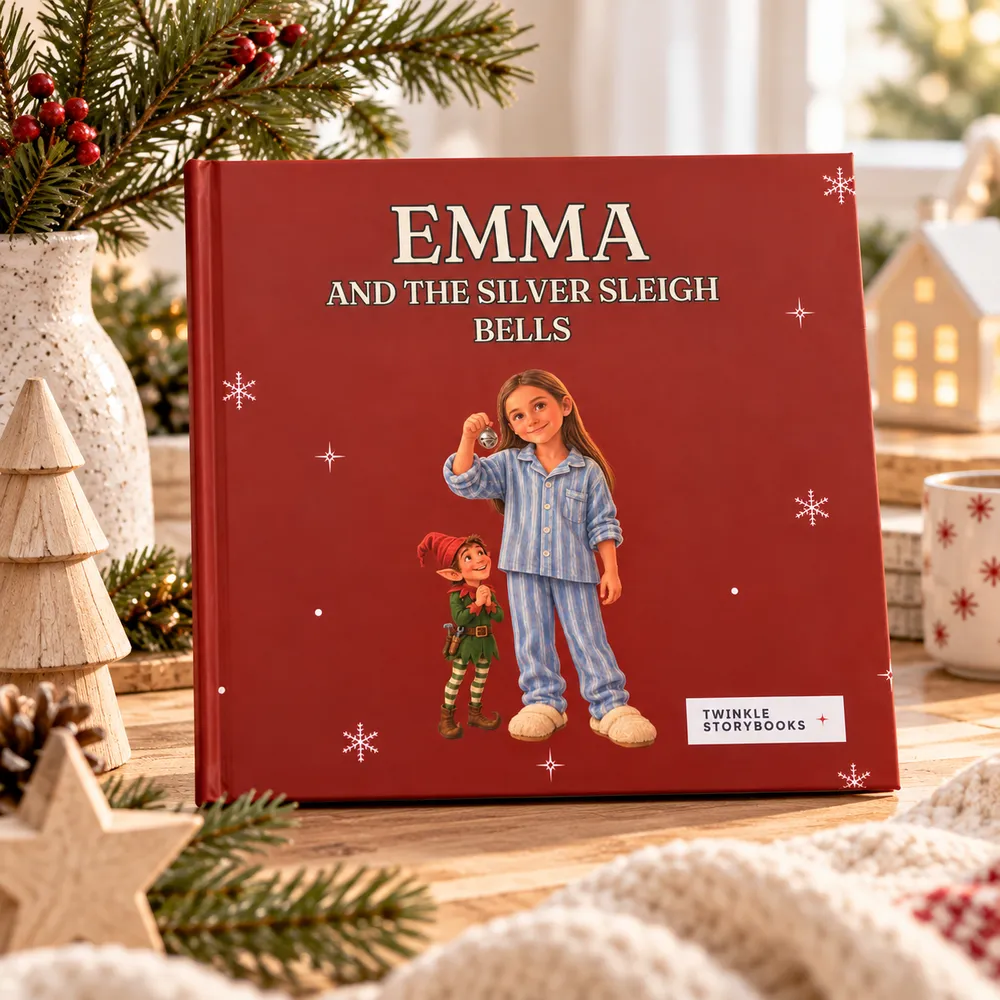 Hardback cover of Emma and the Silver Sleigh Bells among Christmas decorations