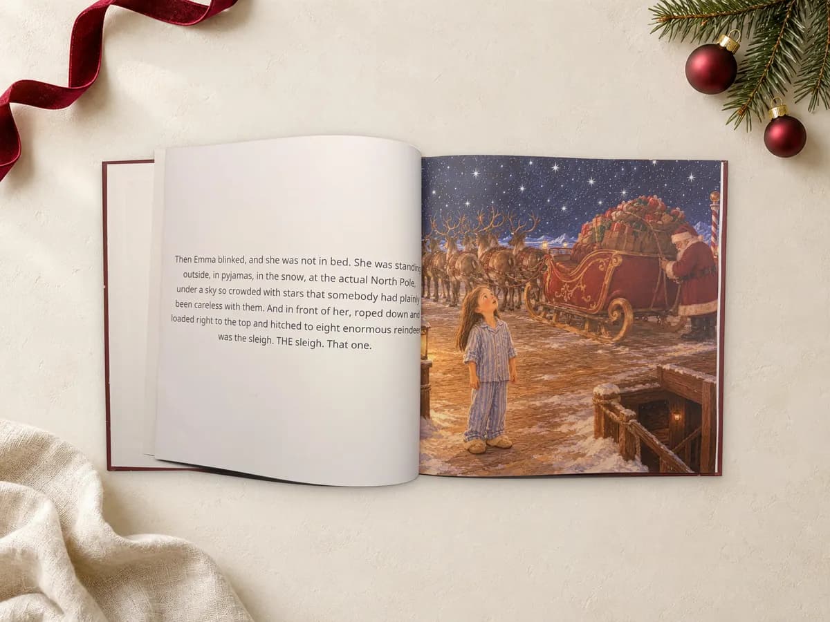 Open personalised Christmas storybook showing Emma at the North Pole beside Santa’s sleigh