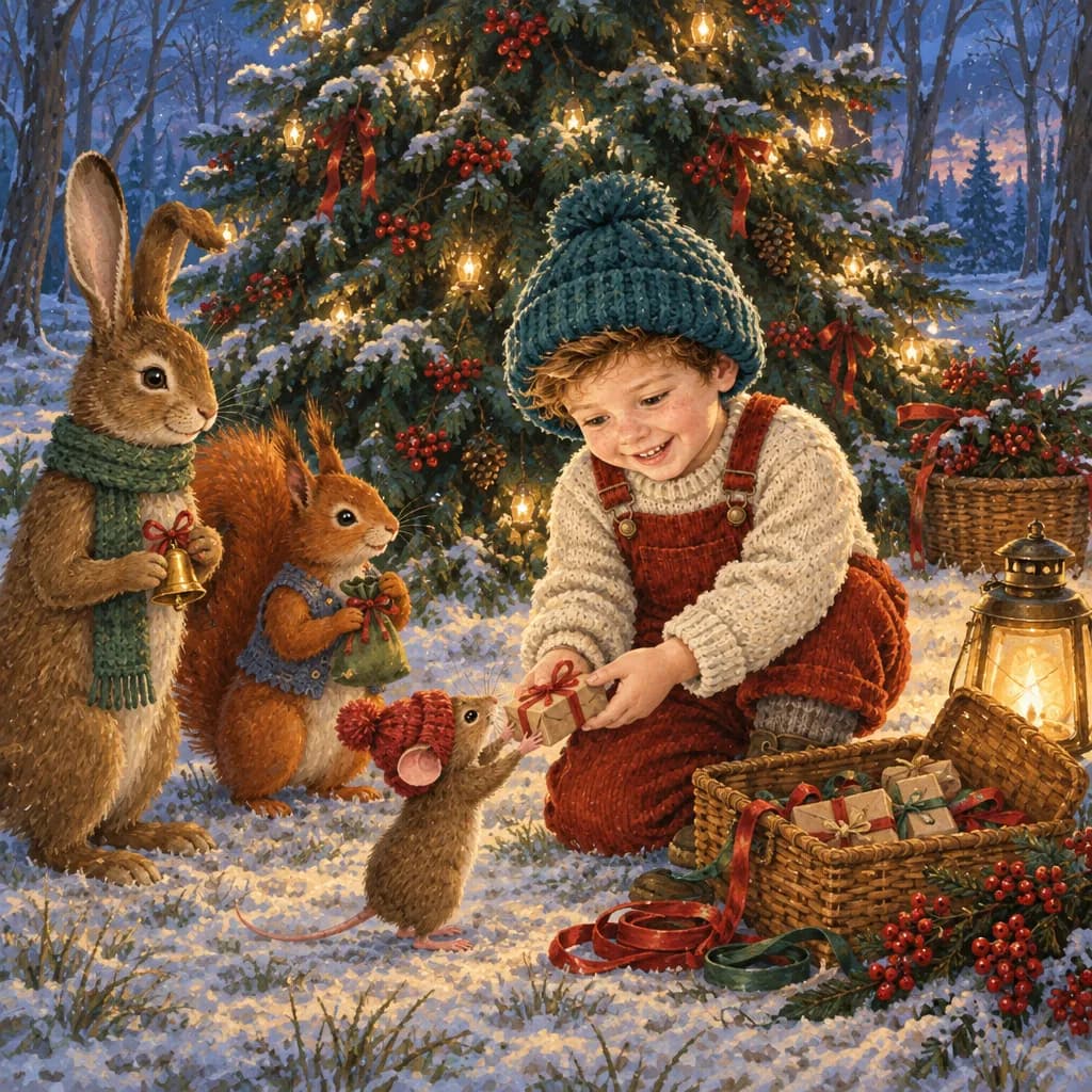 A child in a teal bobble hat handing a small present to a mouse beneath a decorated tree, with a rabbit and a squirrel looking on