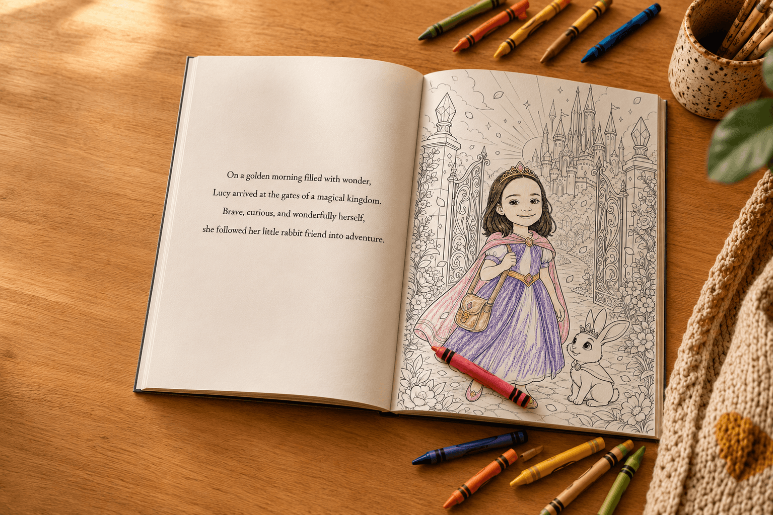Open A4 children's storybook on a warm cream desk, surrounded by coloured crayons, showing a line-art illustration ready to colour