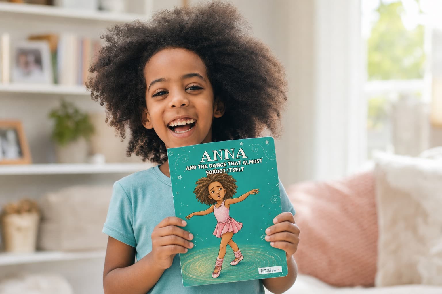 A girl laughing while holding her book, 'Anna and the Dance that Almost Forgot Itself'