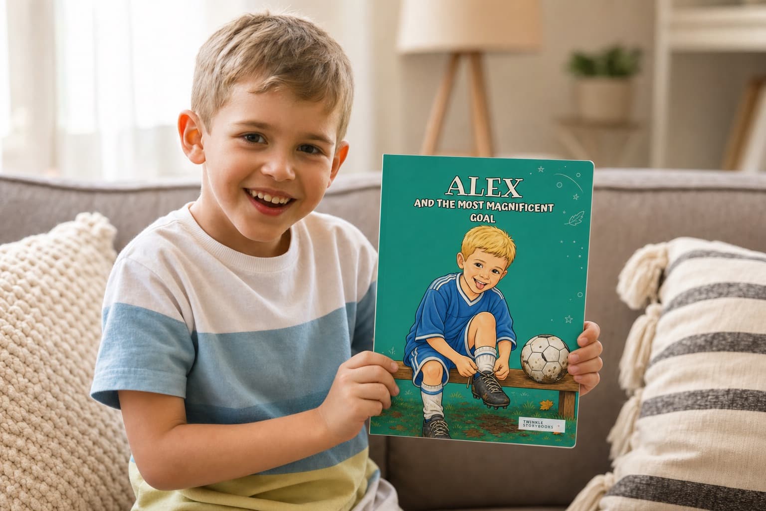 Boy proudly holding his personalised football storybook