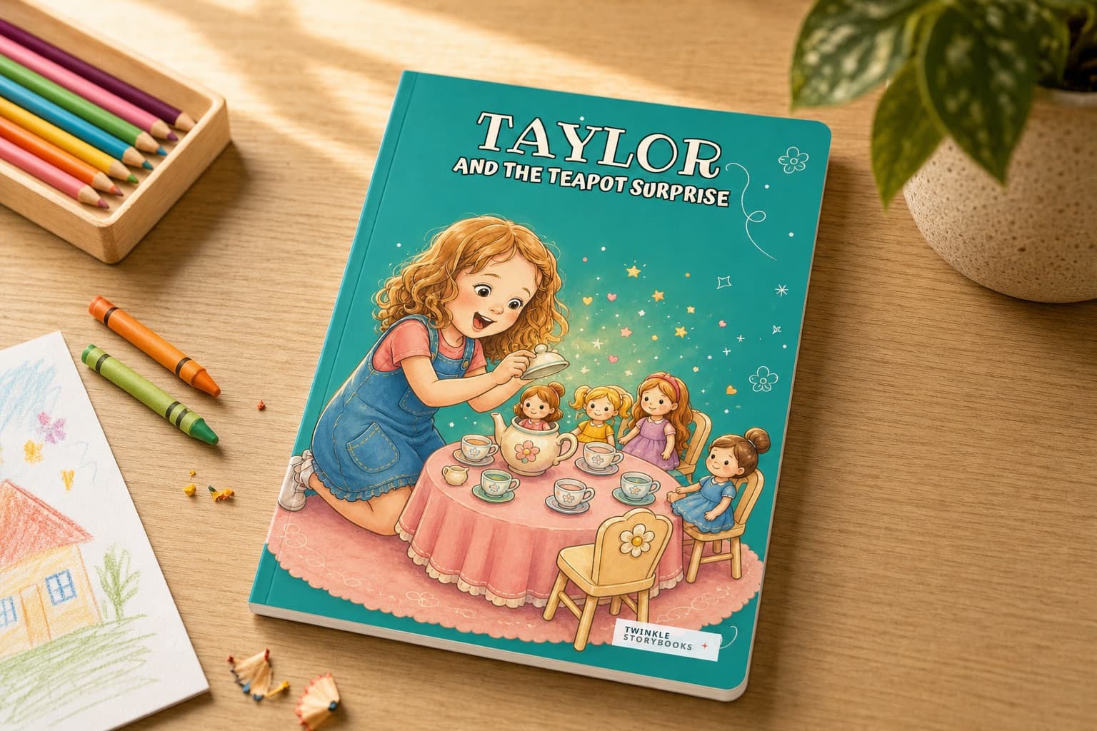 The printed A4 paperback on a table with crayons