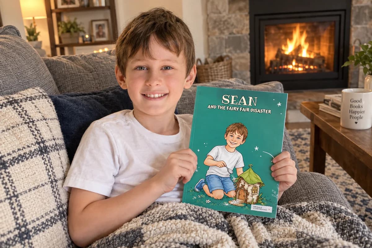 A child on a sofa holding a personalised storybook with a full-colour illustrated cover