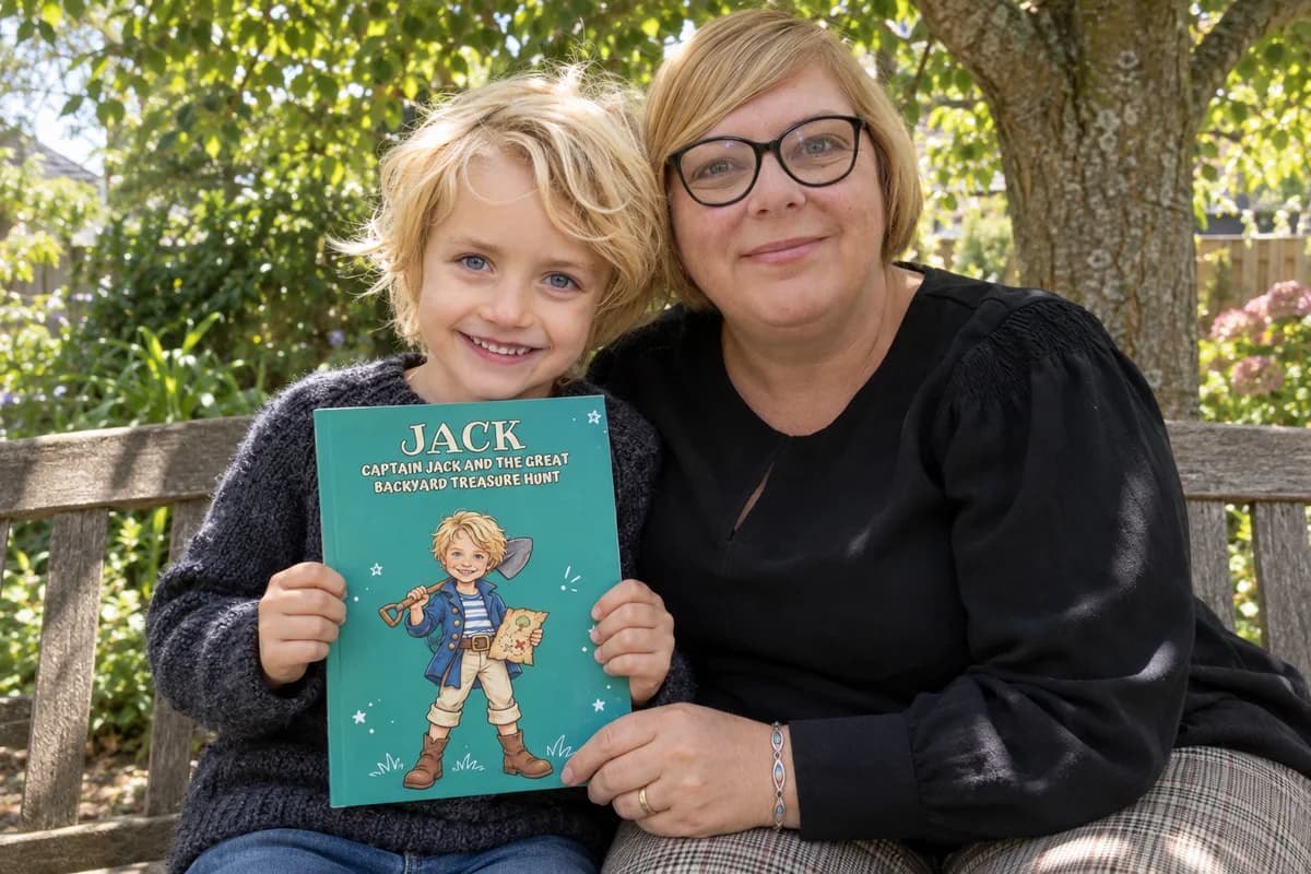 An adult and child on a garden bench holding the child's personalised adventure book together